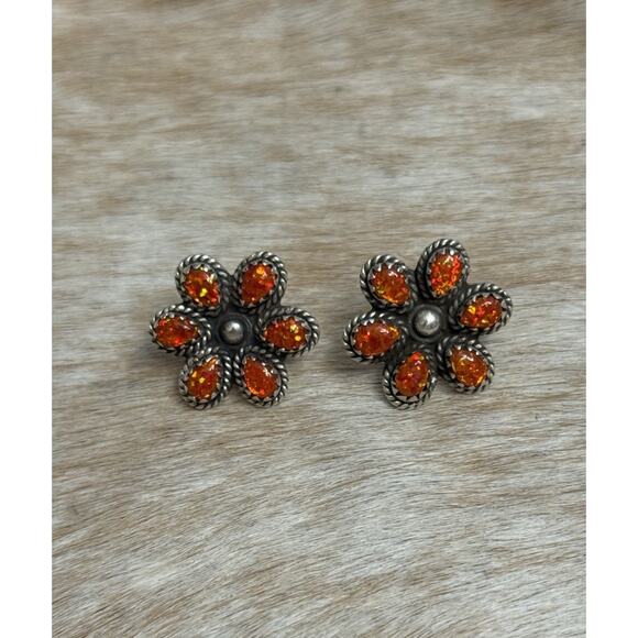 Native American Sterling Silver Orange Opal Flower Cluster Post Stud Earrings - Picture 2 of 13